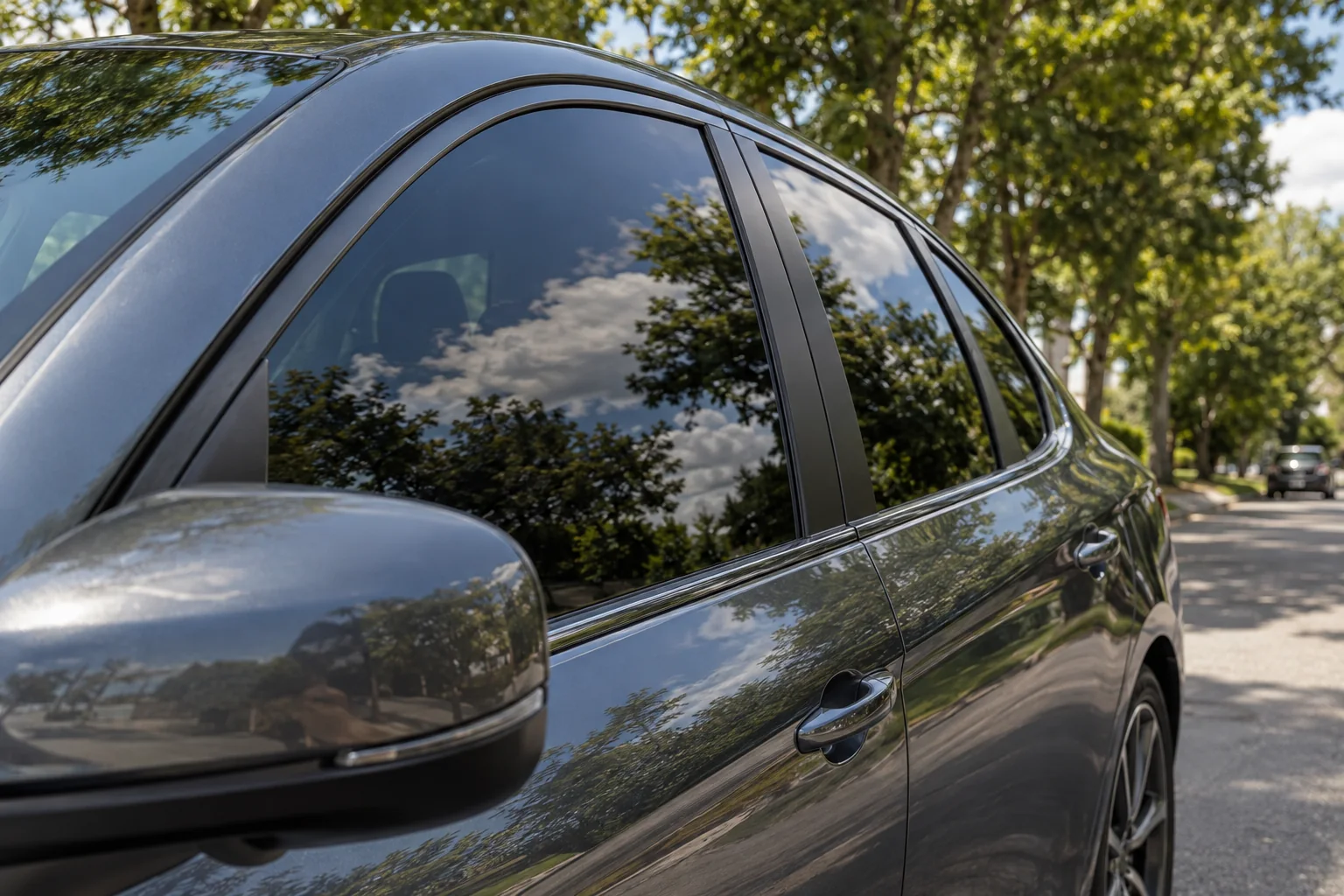 Close-up: tinted side glass and its reflection