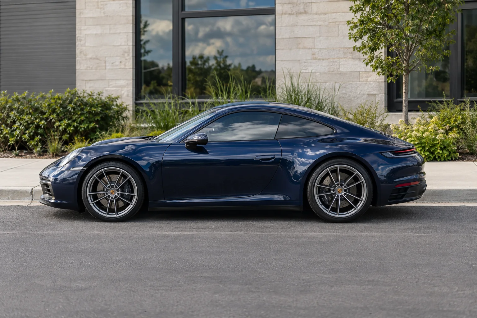 Deep navy blue metallic Porsche 911 Carrera with tinted windows at OnPoint Tintz