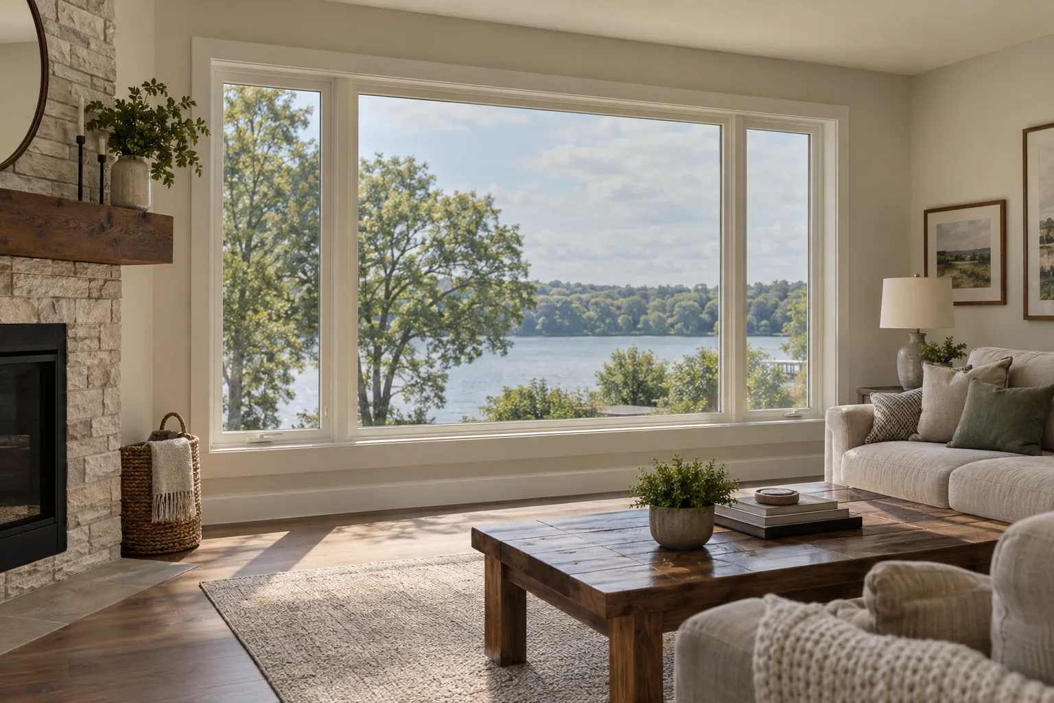 A bright living room with large windows and sun across the floor