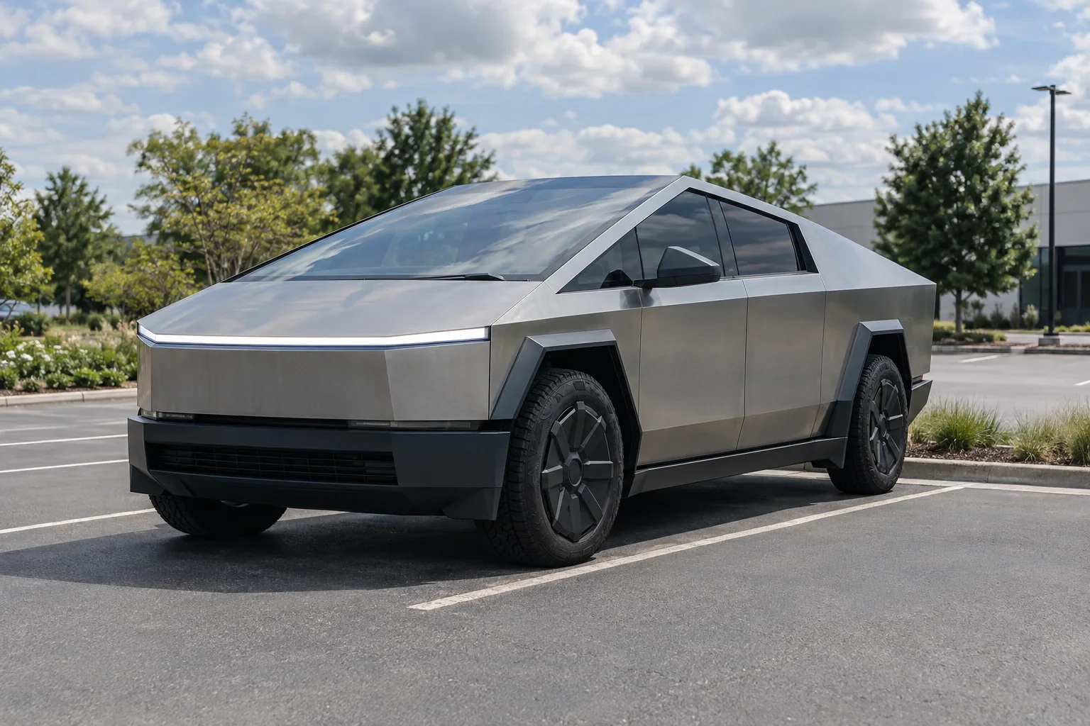 Brushed stainless steel Tesla Cybertruck with tinted windows at OnPoint Tintz