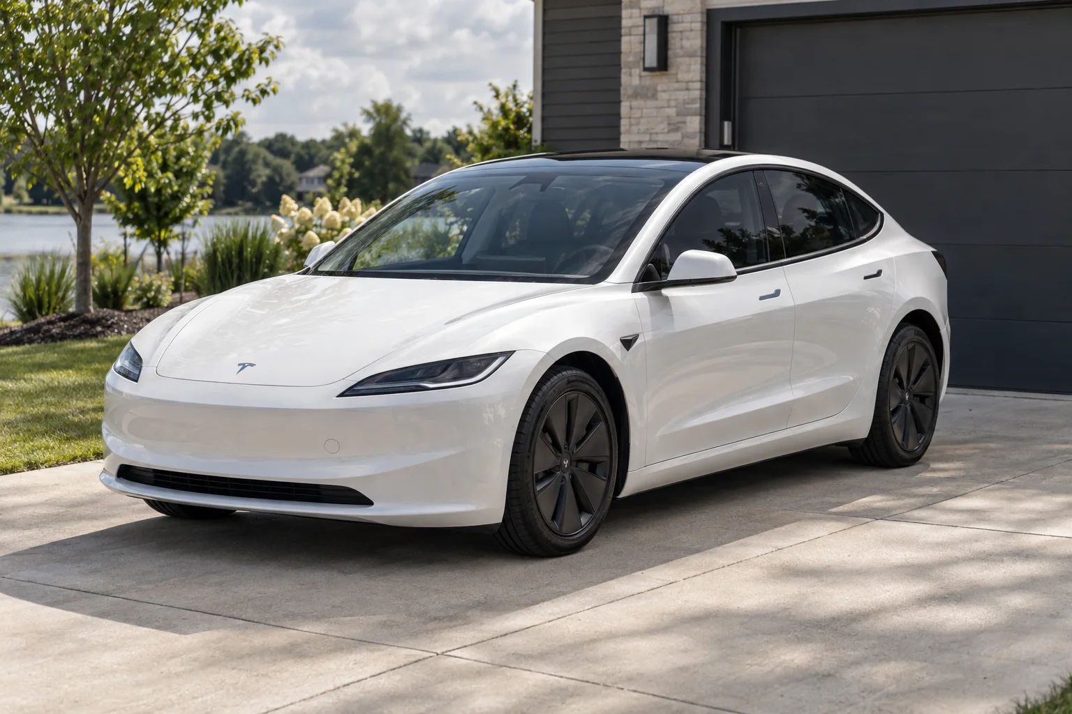 Pearl white Tesla Model 3 Highland with tinted windows at OnPoint Tintz